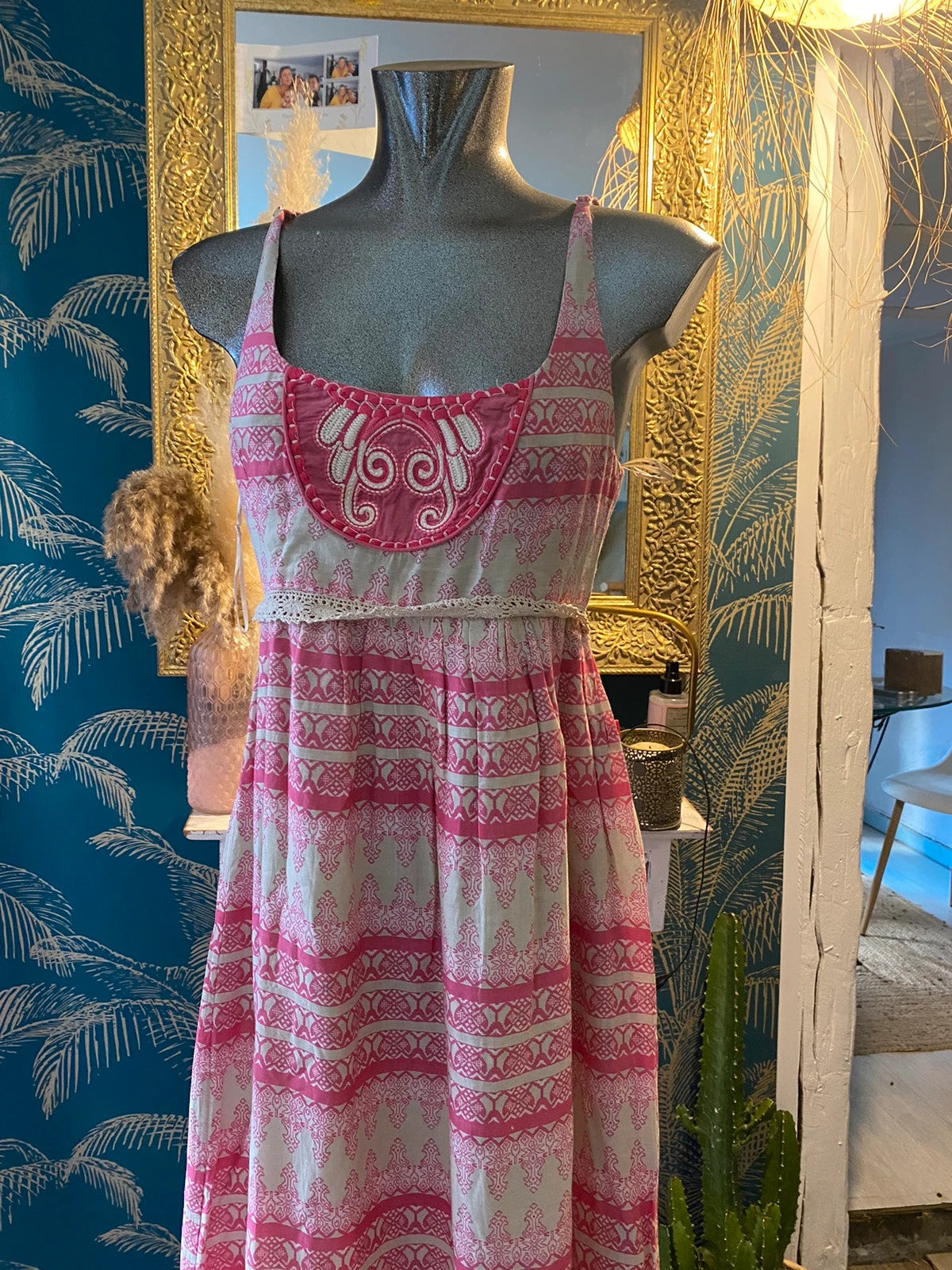 Robe rose été dentelle, taille S flamenco