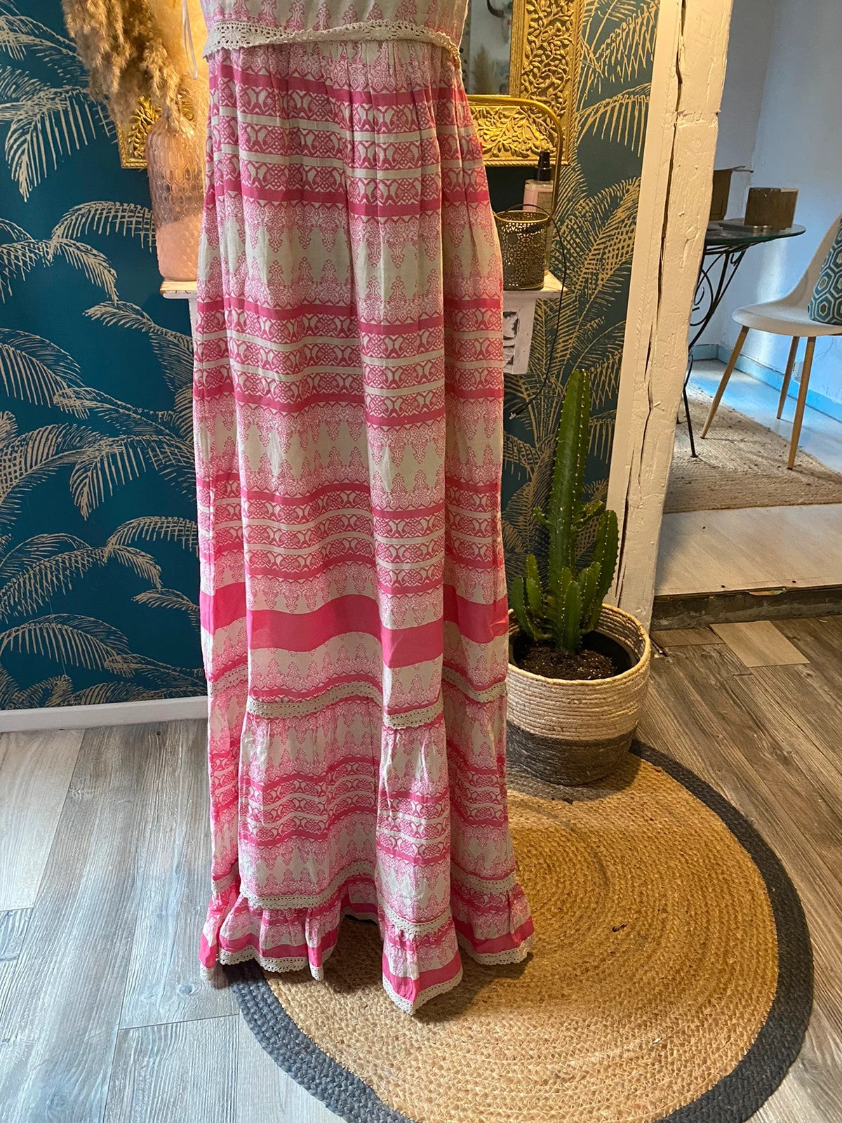 Robe rose été dentelle, taille S flamenco